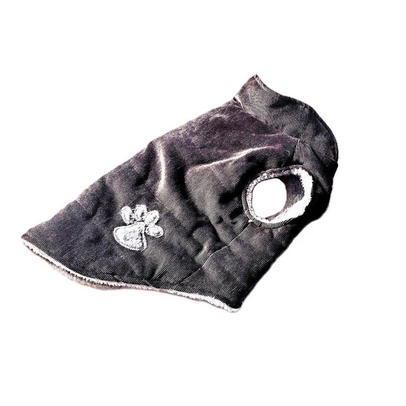 Gray Corduroy Paw Print Dog Jacket w/Plaid Cap ~ Gray Fur Lining ~ Size M ~ EUC! - Picture 3 of 13